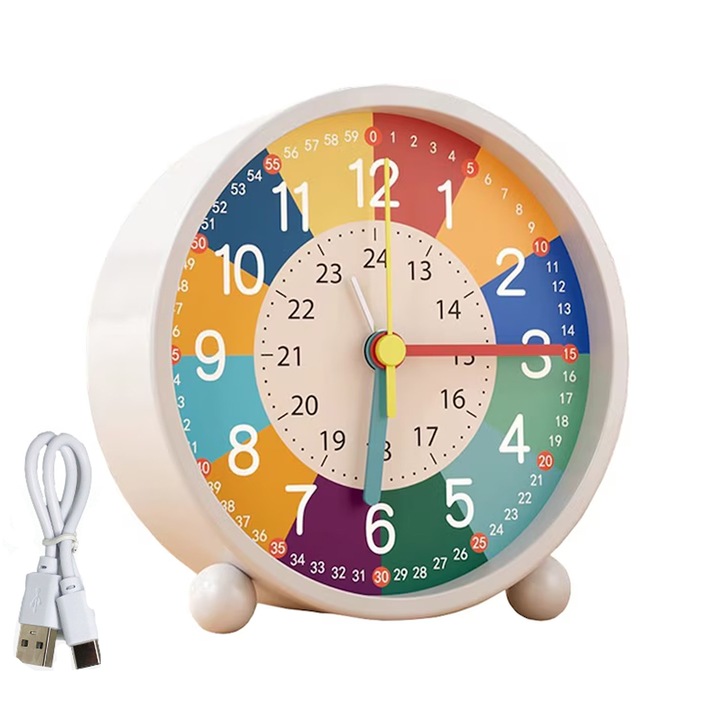 Ceas desteptator pentru copii, Axroad Mall, Cu butoane pentru functie de lumina nocturna, Partitii bloc de culoare, Incarcare usb, Silentios, Seta ceasul, Usor de citit, Portabil, Metal, 11.5*5*12cm, Alb