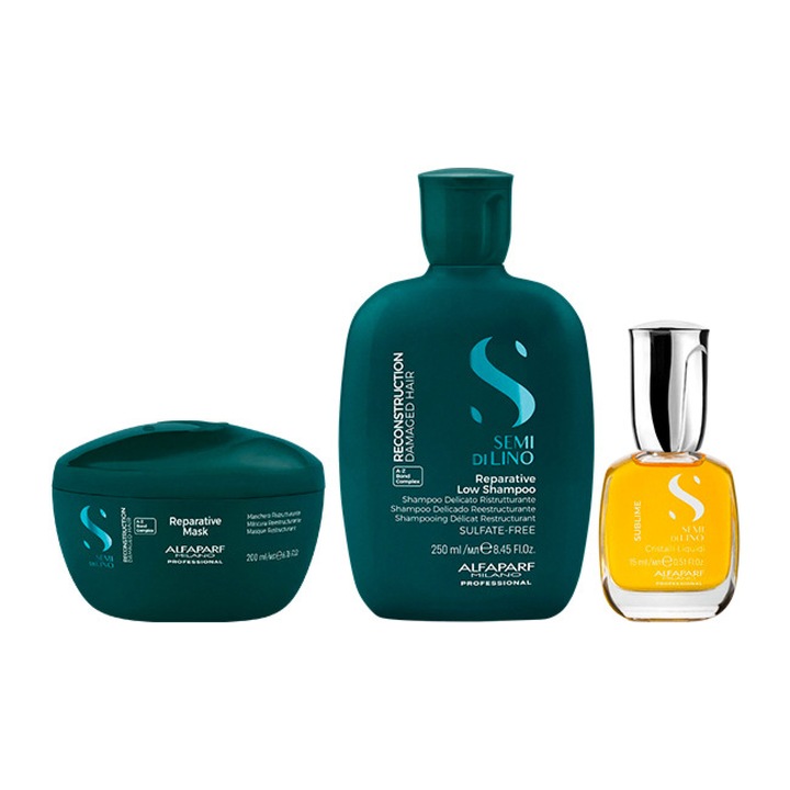 Pachet Alfaparf Semi di Lino Reconstruction cu Sampon 250 ml + Masca 200 ml + Ulei Cristalli Liquidi 15 ml