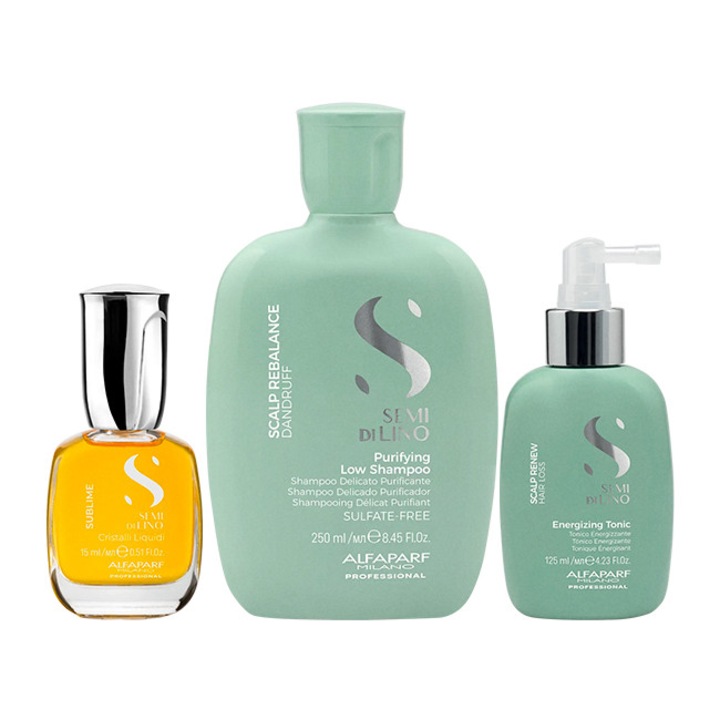 Set anti-matreata Alfaparf Milano Scalp Rebalance Sampon 250 ml + Tonic 125 ml + Ulei Cristalli Liquidi, 15 ml
