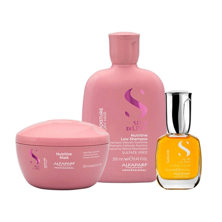 Set Alfaparf Semi Di Lino Moisture Nutritive cu 250 ml Sampon + 200 ml Masca + Ulei Cristalli Liquidi 15 ml