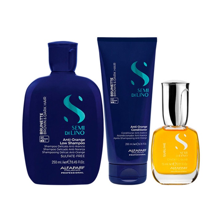 Set pentru neutralizarea tonurilor de portocaliu Alfaparf Milano Semi Di Lino Brunette, Sampon 250 ml + Balsam 200ml + Ulei Cristalli Liquidi, 15 ml