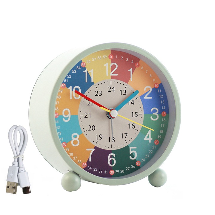 Ceas desteptator pentru copii, Axroad Mall, Cu butoane pentru functie de lumina nocturna, Partitii bloc de culoare, Incarcare usb, Silentios, Seta ceasul, Usor de citit, Portabil, Metal, 11.5*5*12cm, Verde