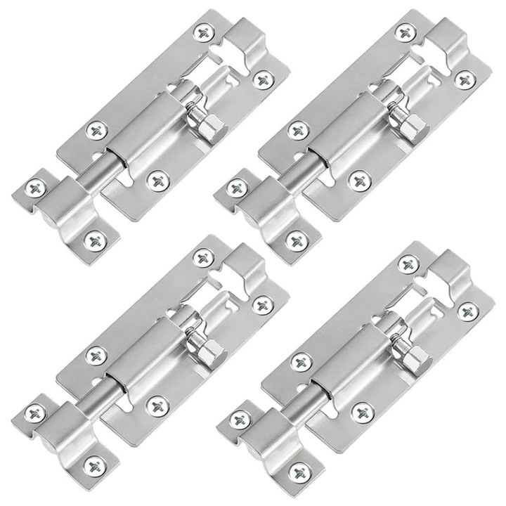 Set de 4 piese zavor poarta, Axroad Mall, Incuietoare Poarta, Cu suruburi de montare, Rezistenta la rugina, Robust si durabil, Usor de instalat, Pentru toalete, bai, dulapuri, Otel inoxidabil, 97mm, Argintiu