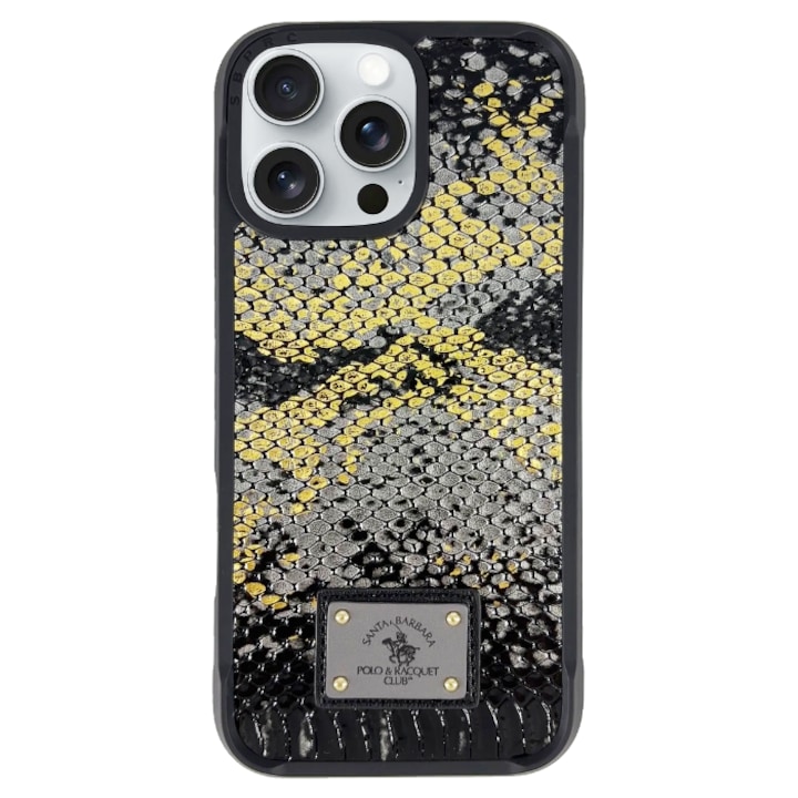 Prémium iPhone 16 Pró tok Santa Barbara Polo & Racquet Clubhoz, fekete, ökológikus bőr, MagSafe-kompatibilis
