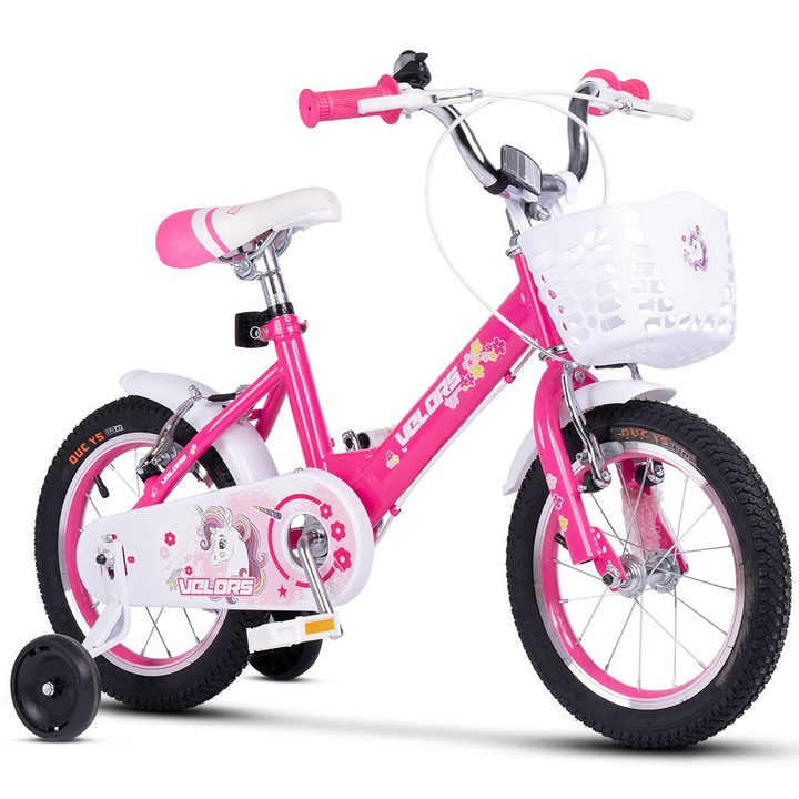 Детски планински велосипед с 12" колела, V-образни спирачки, помощни колела, кошница, цвят фуксия, велурено бебешко спортно колело за възраст 2/4 години