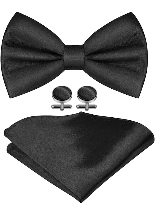 Papion barbati, satin, design clasic, ajustabil, set 3 bucati, negru