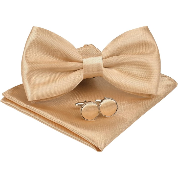 Set Papion barbati, satin, design clasic, ajustabil, set de 3, culoare champagne