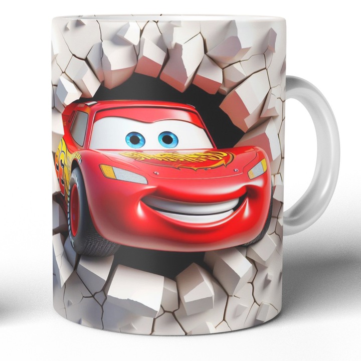 Cana Copii Lightning Mcqueen din Cars, JOYSTOS, Model cu Masina Rosie, Cadou pentru Baieti, 330 ml, Ceramica Alba, Design 3D Haioasa