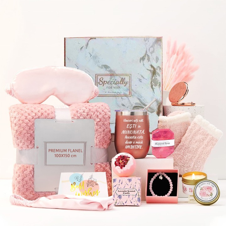 Set Cadou pentru Femei 10 Piese, Joystos, Patura pufoasa, Cana Termos, Lumanare parfumata, Masca Somn, Sosete dama, Bratara, Bomba de Baie, Sapun Diamond, Felicitare, Ambalate in pachet elegant, Pentru ea, mama, fata, sotie, fiica, sora, nasa, profesoara