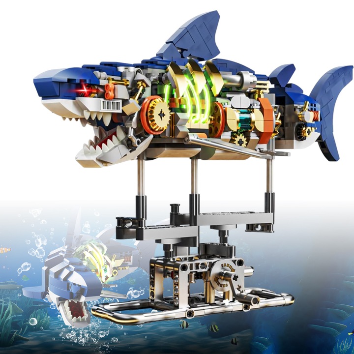 Set de constructie, Buyya®, model rechin mecanic, 687 piese, Jucarie interactiva Copii, Model de blocuri de constructie, cu corp mobil si lumina, Set de joaca Creative Shark, idee de cadou pentru adulti, copii, baieti de la 12 ani, albastru, 24x12x23cm
