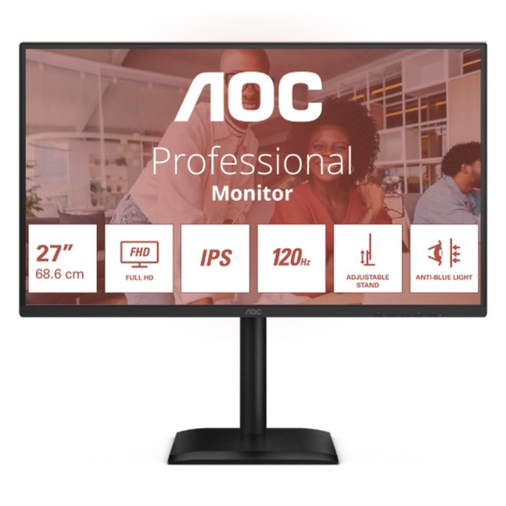 Монитор AOC 27E4U, 27" IPS WLED, 1920x1080@120Hz, 4ms GtG, 300cd m/2, 1500:1, 20M:1 DCR, Adaptive Sync, FlickerFree, Anti Blue Light, 2Wx2, Tilt, Height Adjust, Pivot, Swivel, D-SUB, HDMI, USB Hub 27E4U