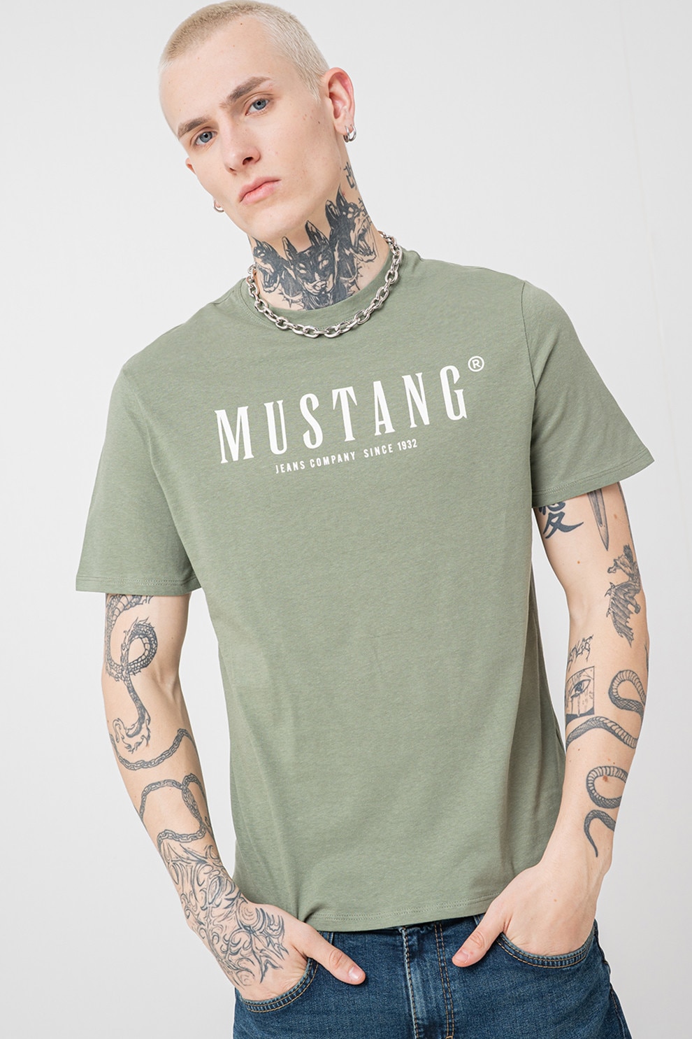 Mustang, Tricou cu decolteu la baza gatului si imprimeu logo, Verde sparanghel, L