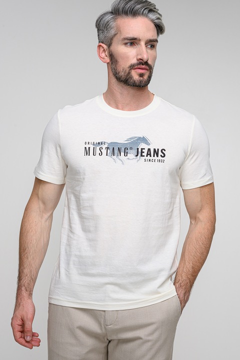 Mustang, Logós pamutpóló, Fekete/Púderkék/Krémszín