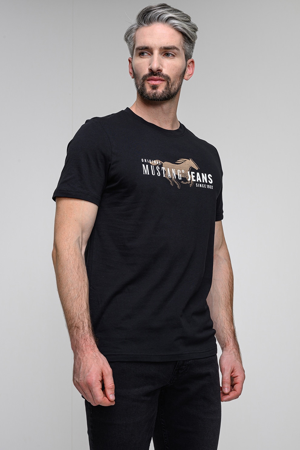 Mustang, Tricou din bumbac cu imprimeu logo, Alb, Negru, Caramel, M