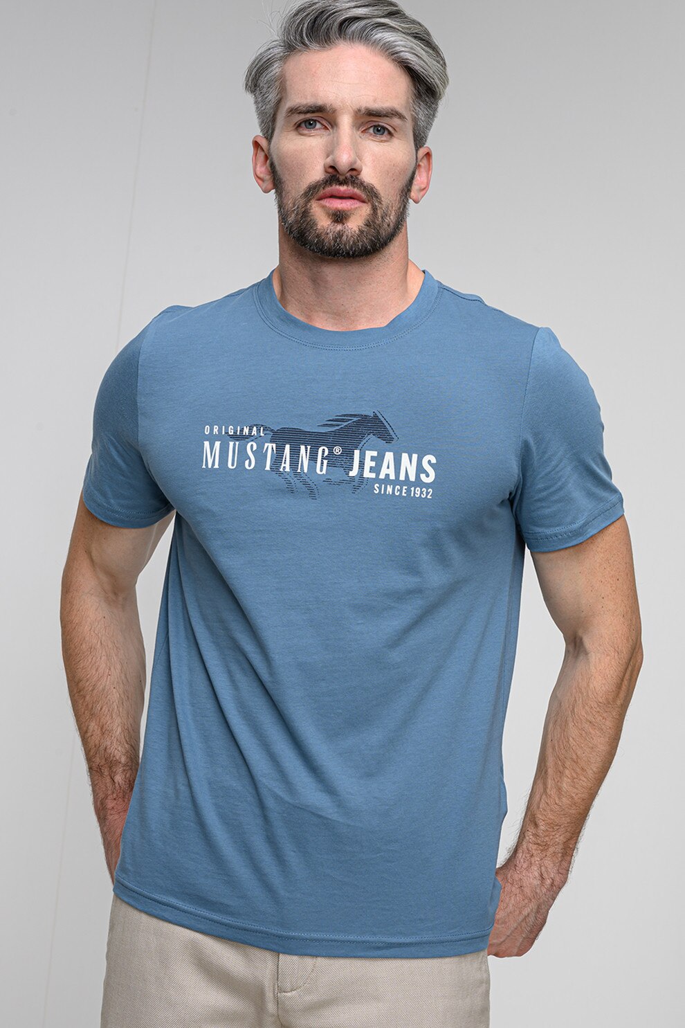 Mustang, Tricou din bumbac cu imprimeu logo, Alb, Albastru prafuit, Bleumarin, M