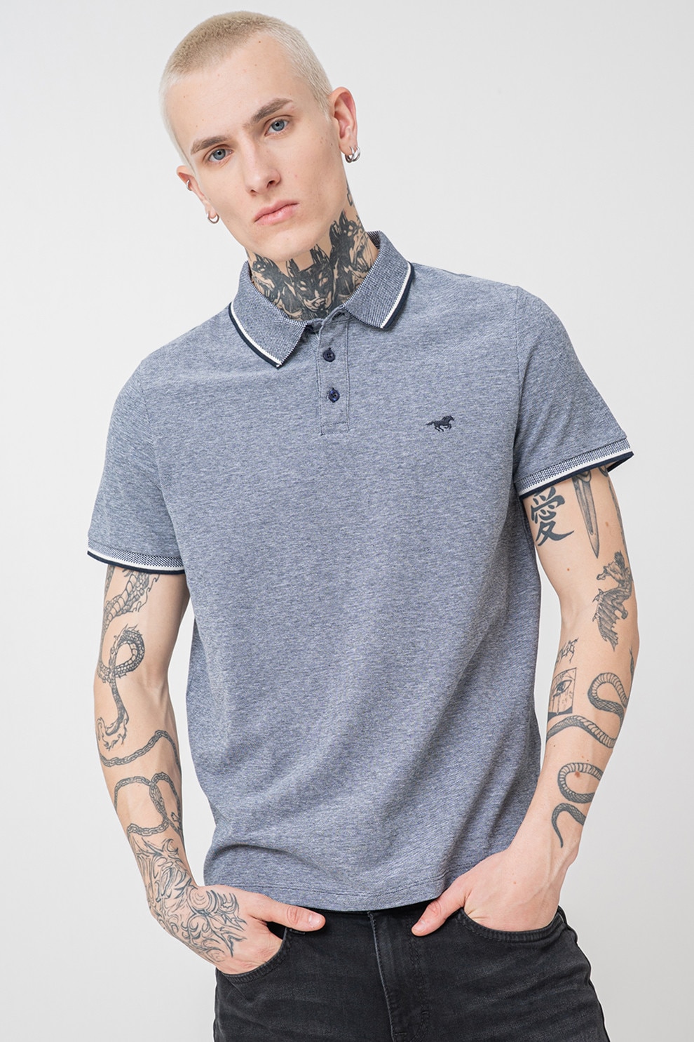 Mustang, Tricou polo din bumbac Palco, Albastru melange, L