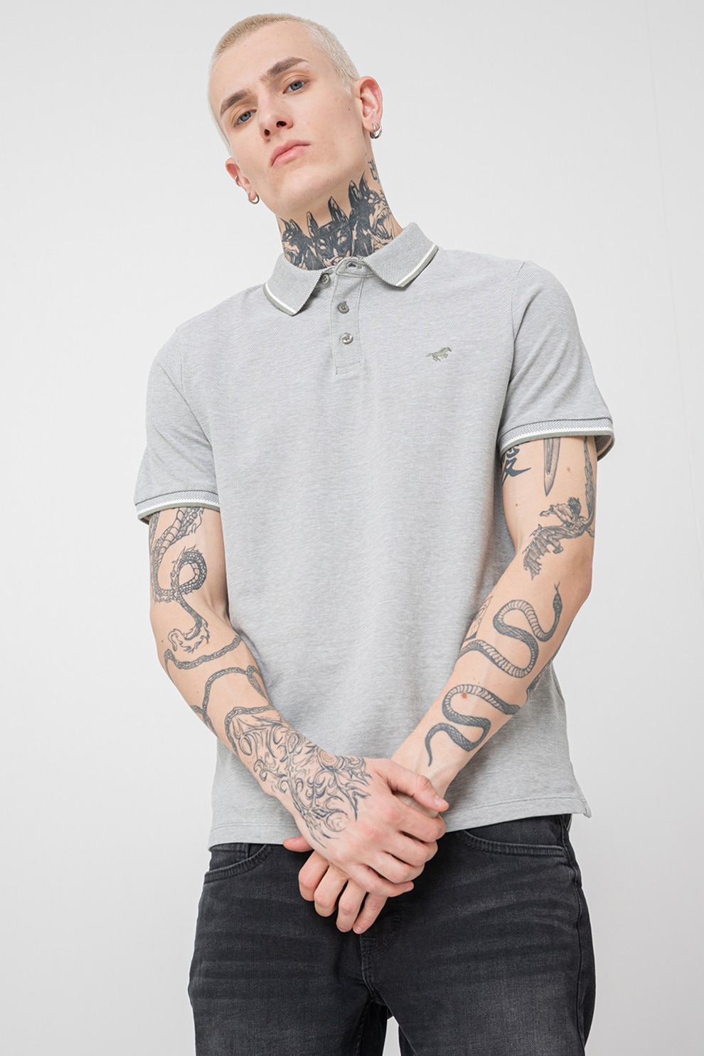 Mustang, Tricou polo din bumbac Palco, Verde melange, L