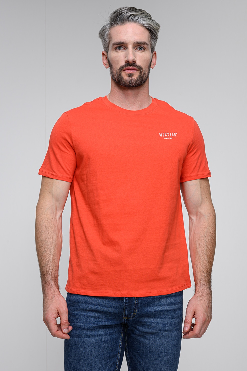 Mustang, Tricou din bumbac cu decolteu la baza gatului, Coral, L