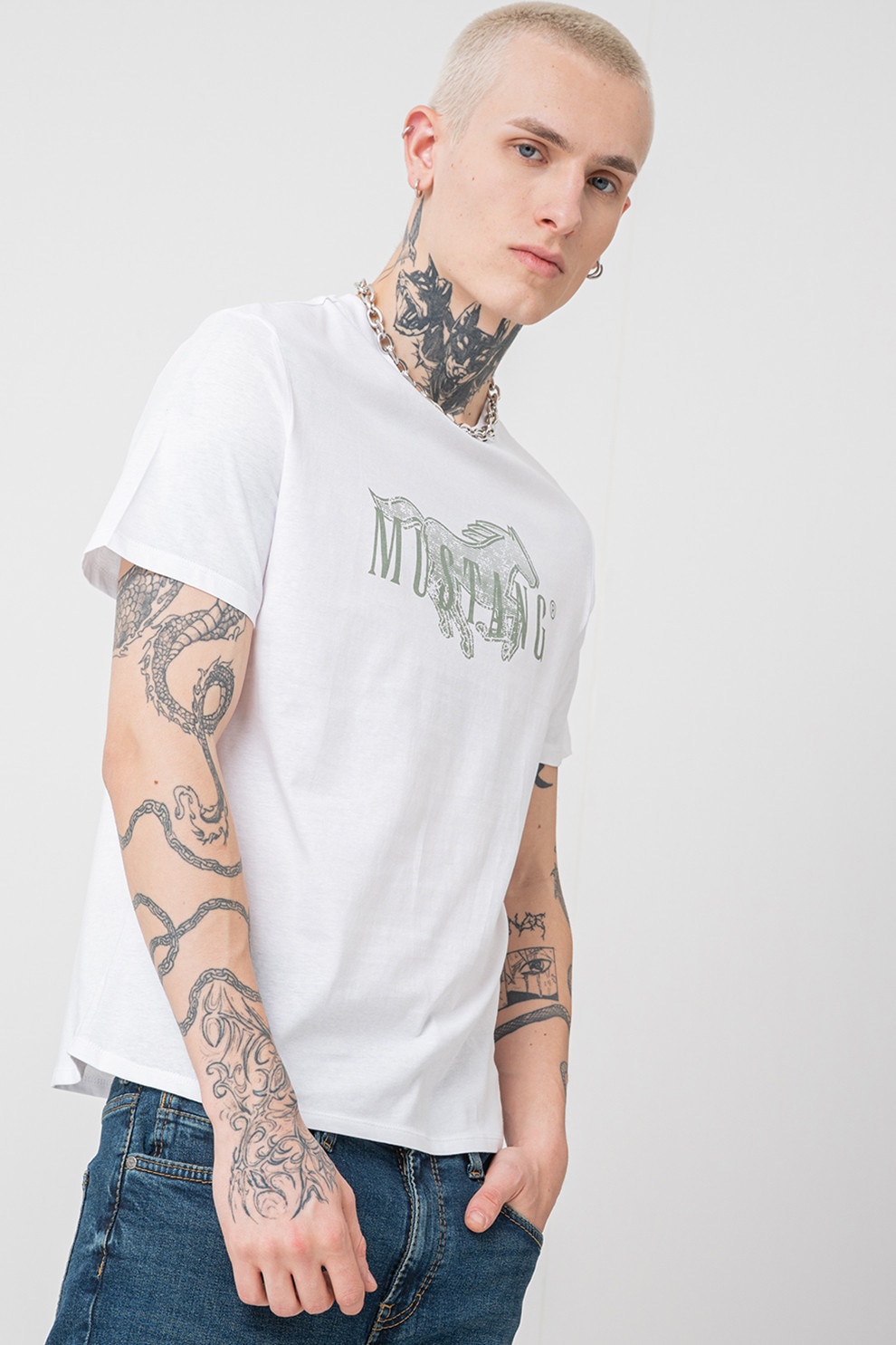 Mustang, Tricou regular fit cu imprimeu logo pe piept Austin, Alb, Verde prafuit, 3XL