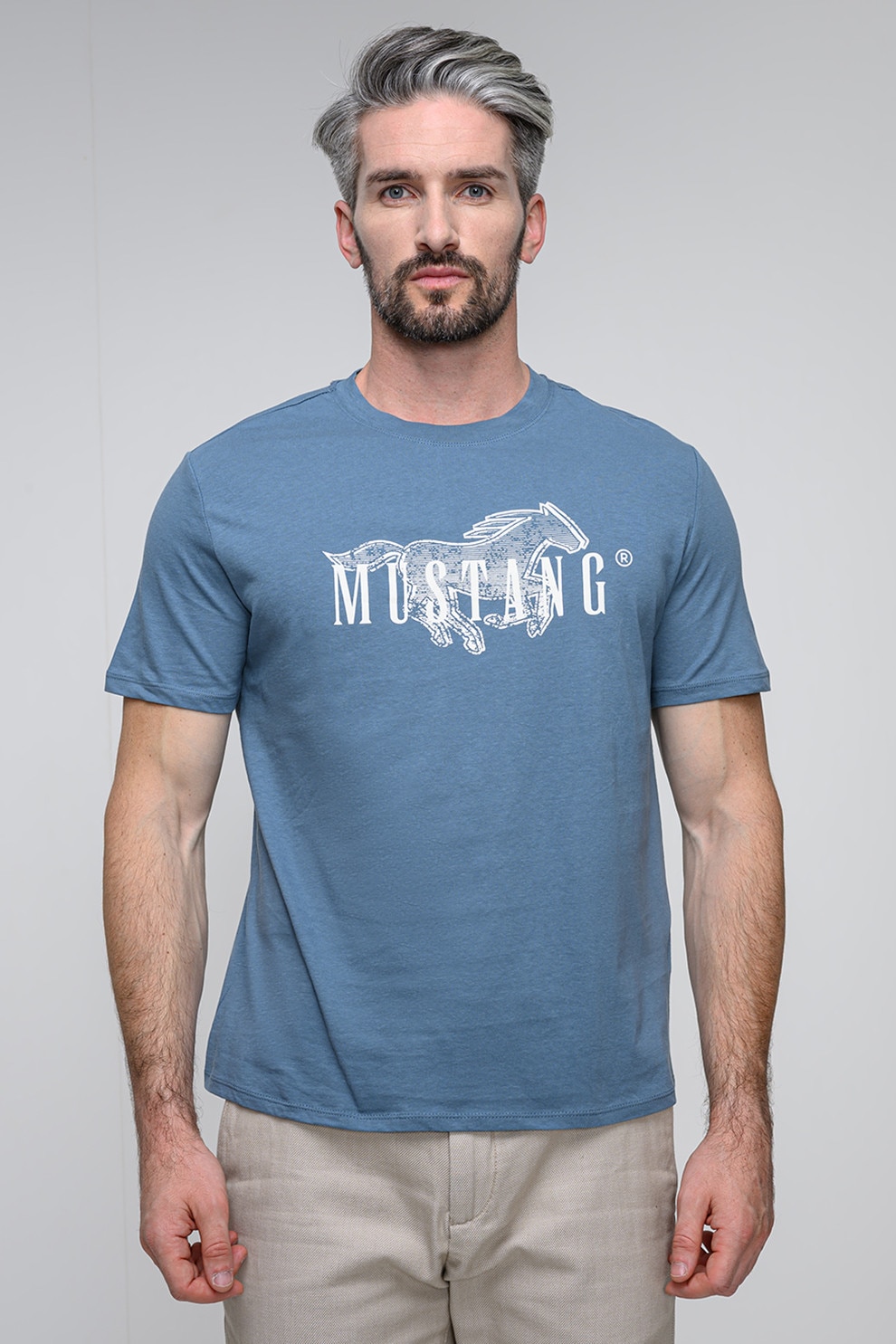 Mustang, Tricou regular fit cu imprimeu logo pe piept Austin, Alb, Albastru prafuit, S