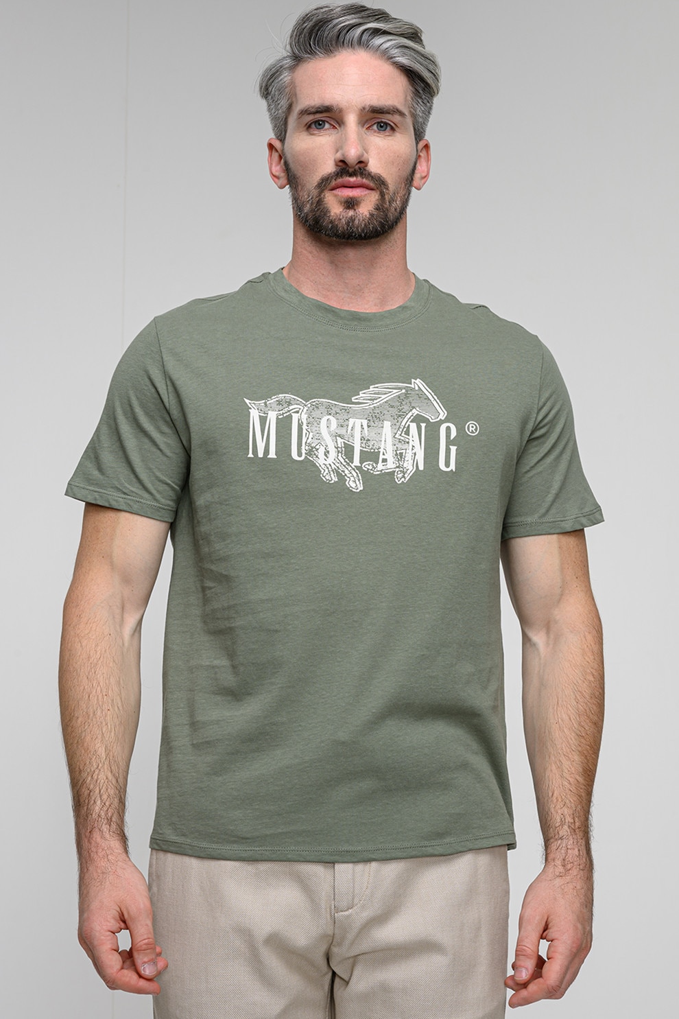 Mustang, Tricou regular fit cu imprimeu logo pe piept Austin, Alb, Verde fistic, M
