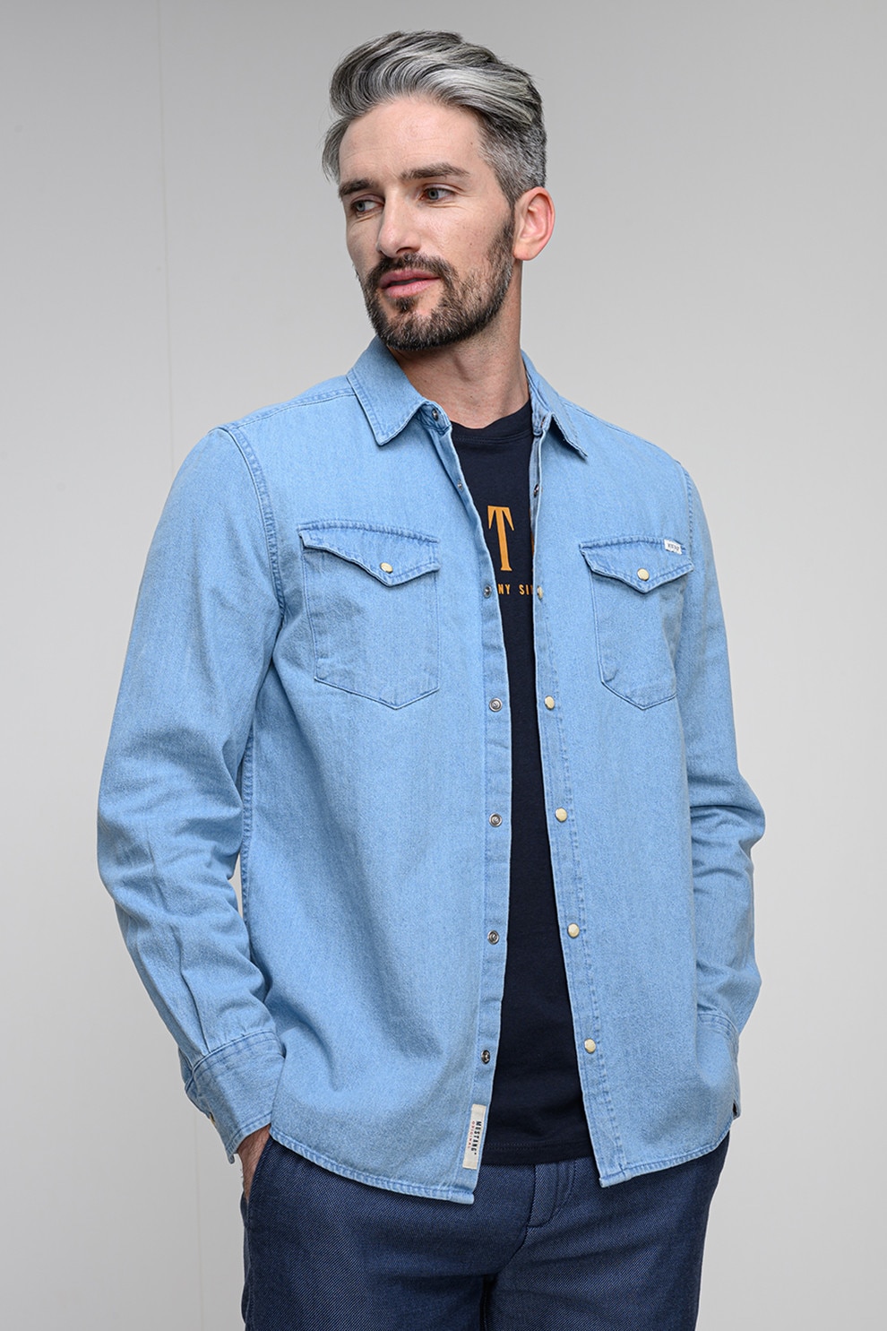 Mustang, Camasa regular fit cu capse Duver, Alb, Albastru azur, L