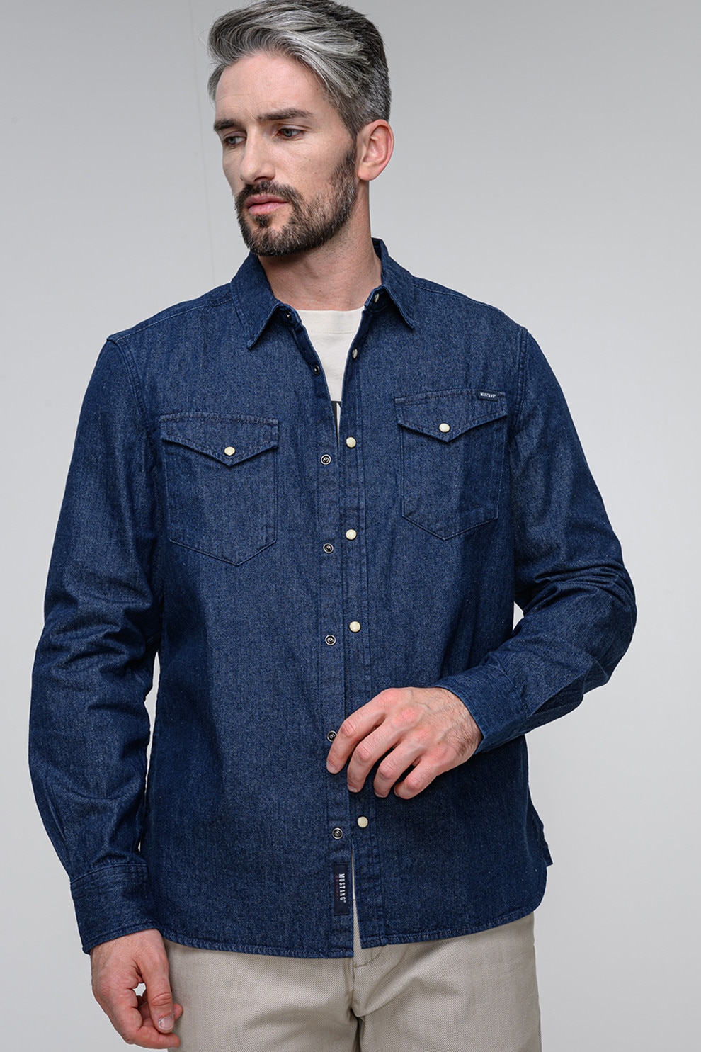 Mustang, Camasa regular fit cu capse Duver, Albastru melange, M