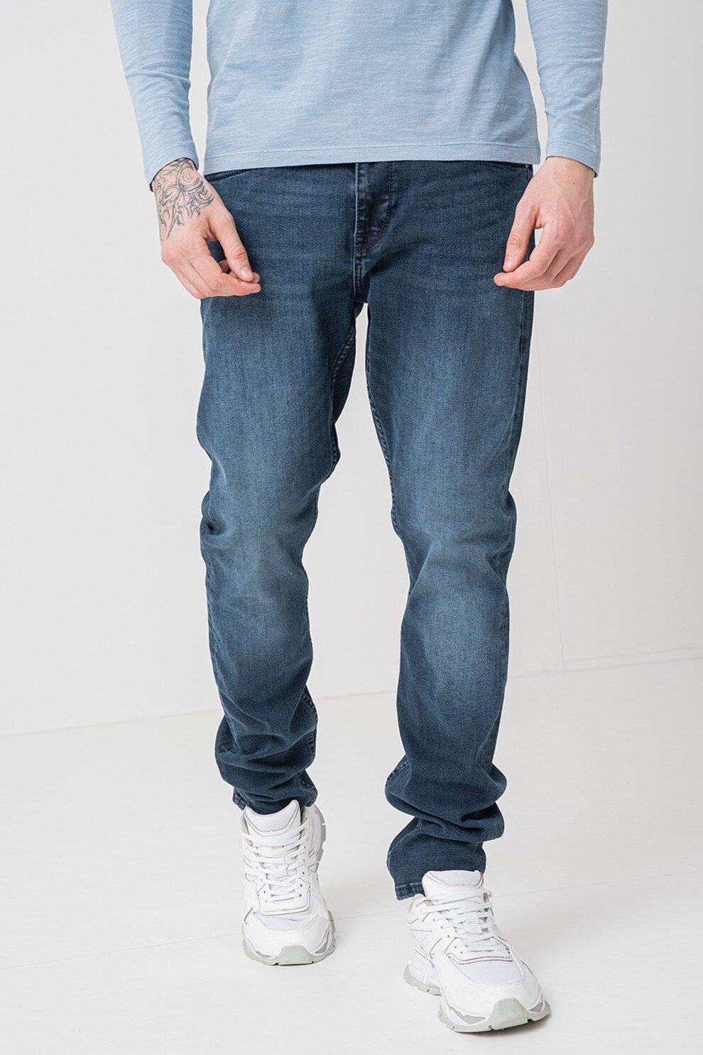 Mustang, Blugi slim fit cu model uni Vegas, Albastru melange, W35-L32