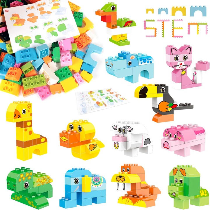 Set Constructie Giftry®, 122 Piese – Blocuri Mari Colorate cu Animale Zoo, Jucarie Educativa STEM pentru Copii 3+ Ani, Cadou Baieti si Fete
