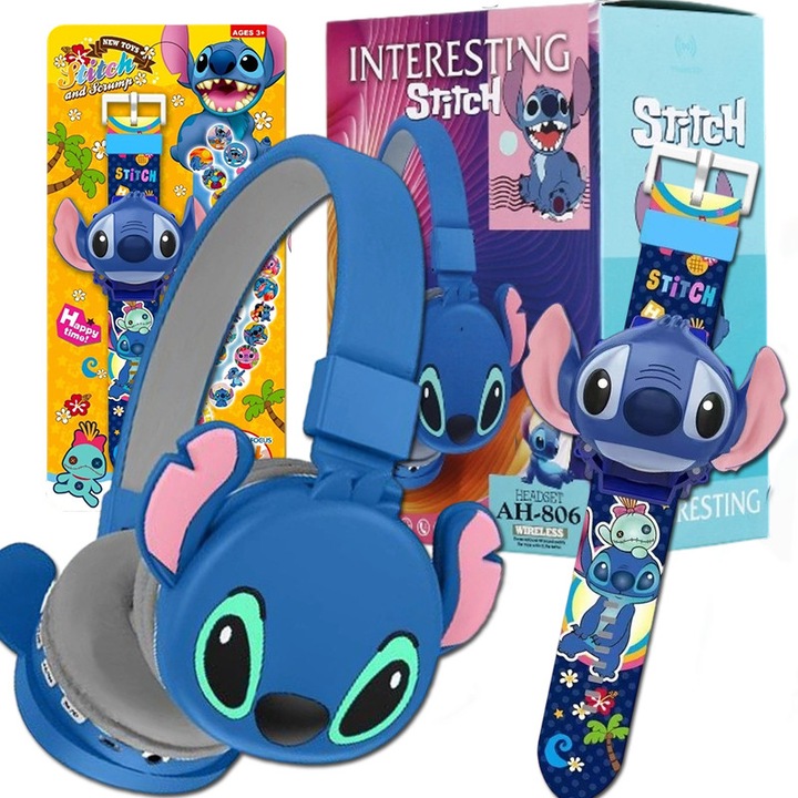 Vezeték nélküli, fülre helyezhető Bluetooth 5.0 fejhallgató, 8 órás akkumulátor-élettartam, Stitch többszínű vetítésű gyermekóra