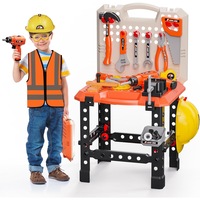 Banc de Lucru Copii 2 in 1 Kidprotect® My First Toolbench, Autofiletanta Electrica, Suruburi, Menghina, Vesta, Casca Ochelari de Protectie, Fierastrau, Trusa Scule, 91 de Accesorii, 66 cm Inaltime, Super Realist