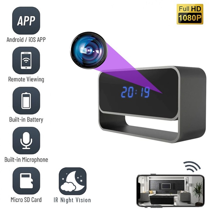 Шпионска камера, WI-FI, скрита в офис часовник CB04, аудио-видео запис, нощно виждане, Full HD, 5MP, 150° широкоъгълен обхват, активиране с движение, слот за карта