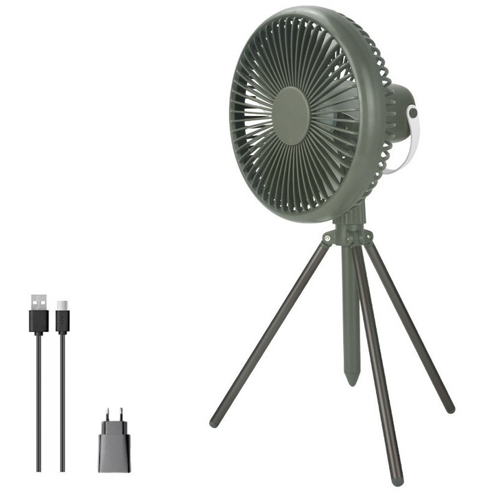 Ventilator cu trepied detasabil, lumina LED reglabila, portabil, bretea-agatatoare, reincarcabil USB tip C, putere 9W, 4000mAh, autonomie 2-10 ore, pentru interior si exterior, Ideas4Comfort®, gri