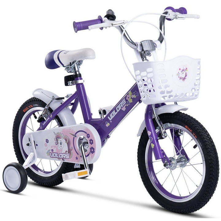 Bicicleta MTB pentru copii cu roti de 14", Frane V-brake, Roti Ajutatoare, Cos, mov, Velors Baby Kids Sport Bike pentru varsta 3/5 ani