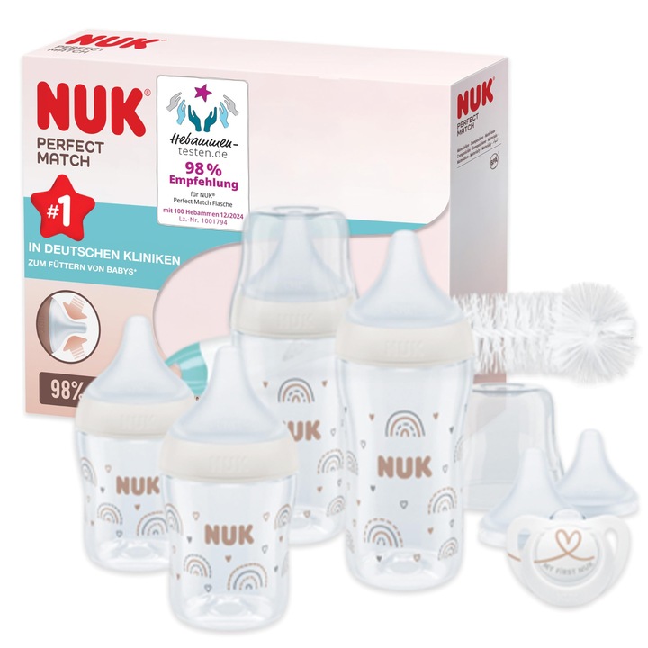 Комплект шишета NUK Perfect Match Perfect Start, 4 шишета против колики, залъгалка, без BPA, 9 части