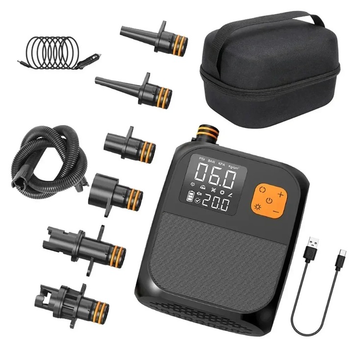 Elektromos SUP pumpa, 25PSI kétfokozatú, újratölthető, digitális kijelzővel, fekete, készlet