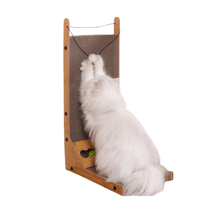 Placa de zgariat pentru pisici tip L 60cm, din carton durabil, cu jucarie cu bila, ansamblu de joaca si loc de joaca pentru pisici, model stabil, FLUFFGO STORE