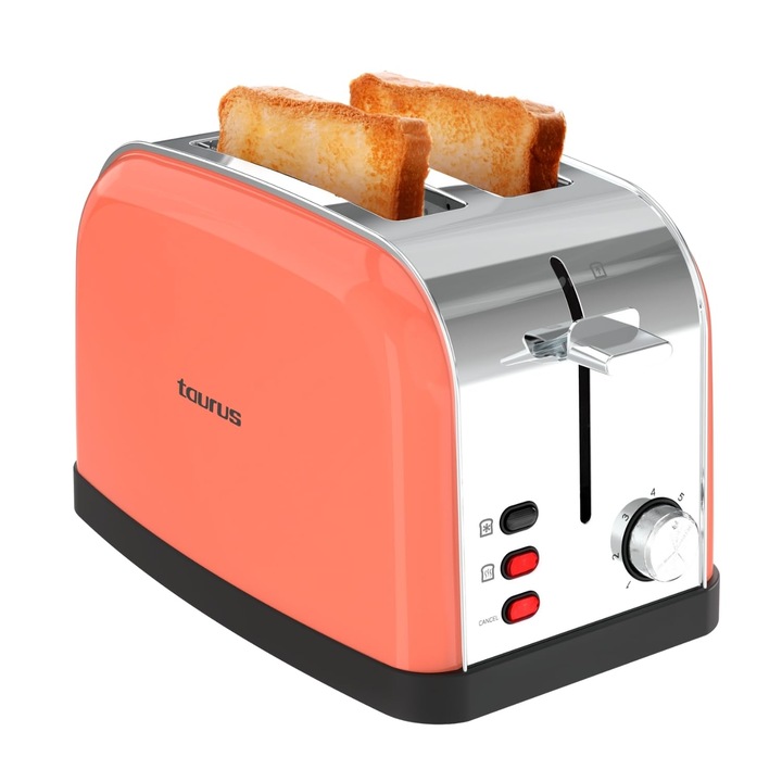 Taurus – Toaster Vintage II Coral 950 W, 2 fante 135x35 mm, 7 niveluri de bronzare, 3 functii, Carcasa din otel inoxidabil, Autocentrare, Tava pentru firimituri, Infasurator de cablu, coral