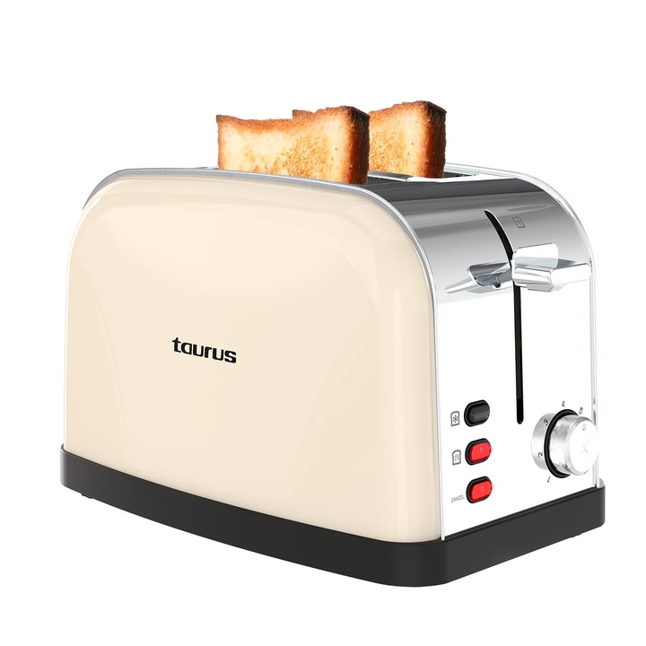 Taurus – Toaster Vintage II Crema 950 W, 2 fante 135x35 mm, 7 niveluri de bronzare, 3 functii, Carcasa din otel inoxidabil, Autocentrare, Tava pentru firimituri, Infasurator de cablu, crema