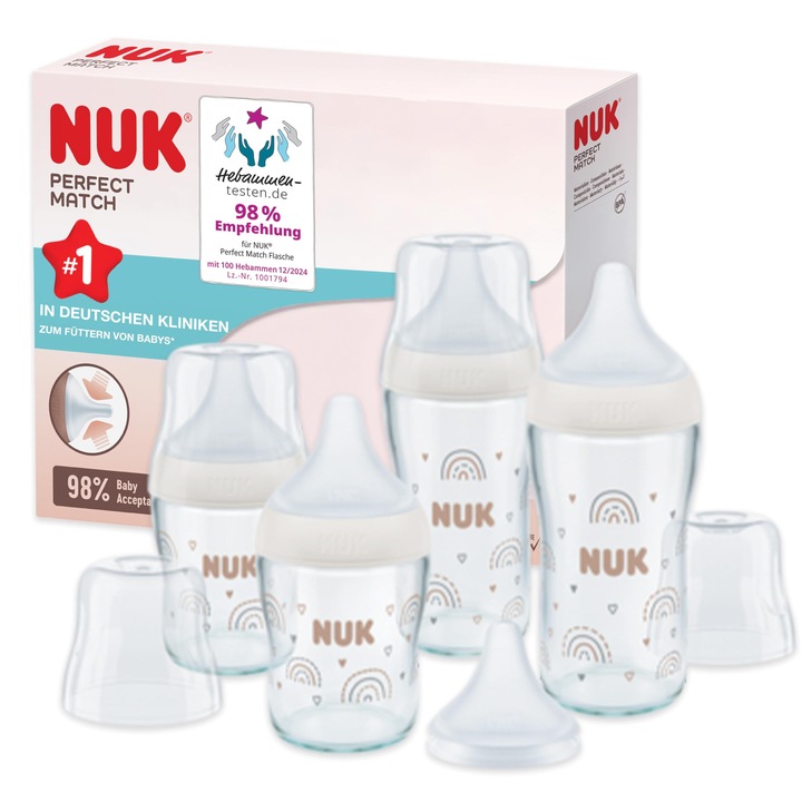 Set Biberoane NUK Perfect Match, 4 biberoane anticolici, sticlă, curcubeu, 120 ml și 230 ml, 5 bucăți