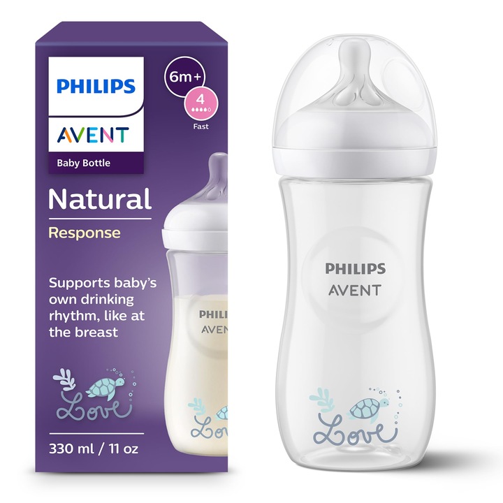 Biberon Avent Natural Response 330ml, debit 4, tetina 3 luni, plastic