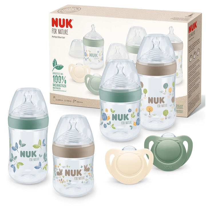 Комплект шише и залъгалка NUK For Nature Perfect Start, 4 шишета (150 мл + 260 мл), 2 силиконови залъгалки, 0-6 месеца, без BPA