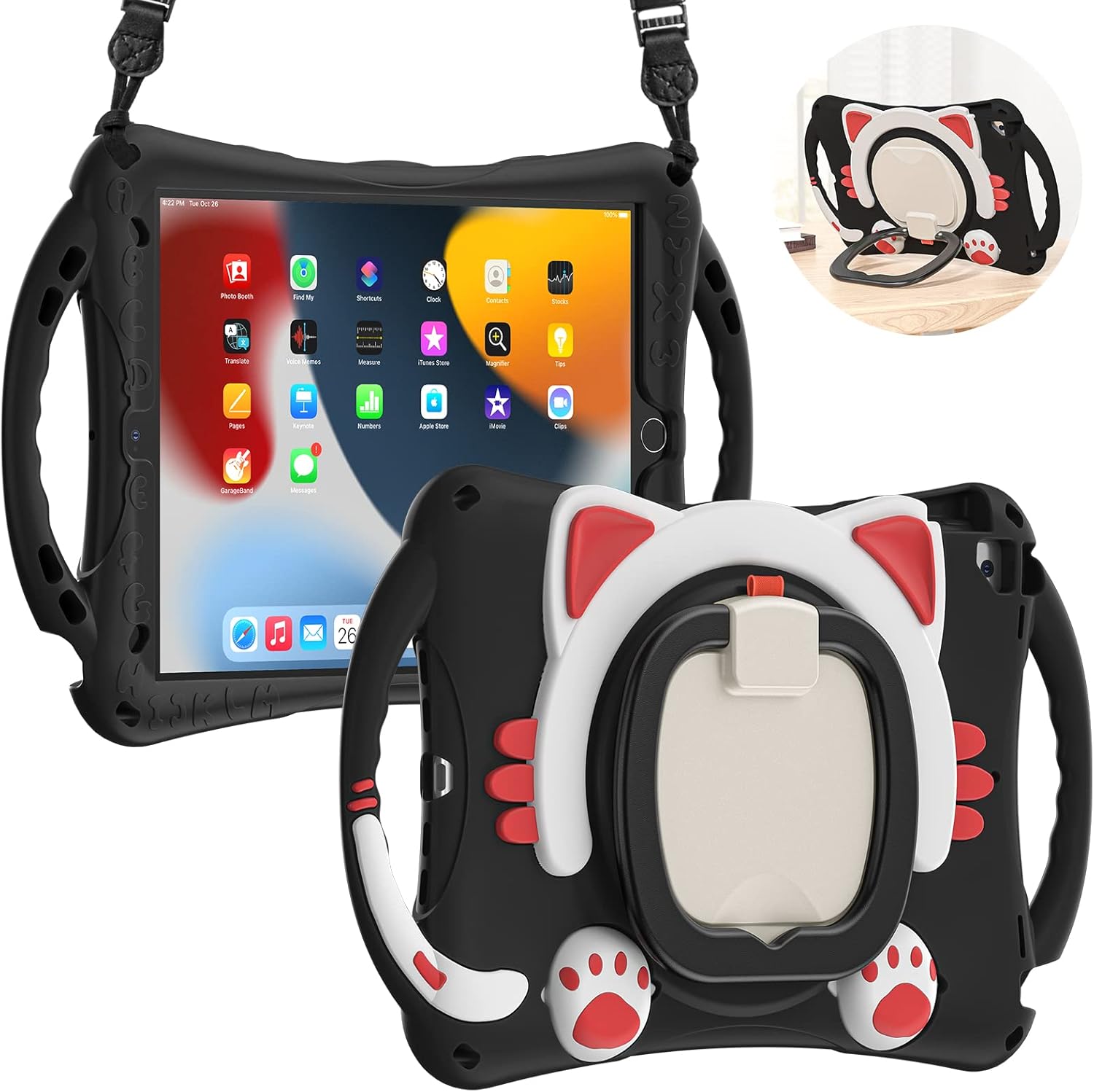 Husa pentru iPad 9.7” Air / Air 2 / Pro 9.7 2017 / 2018, model copii pisica negru-rosu, silicon anti-soc cu maner rotativ si suport
