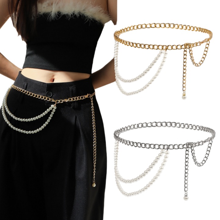 Női öv szett, 2 darabos, elegáns, dupla gyöngyös, 111cm, állítható, univerzális méret, Többrétegű, Dekoratív lánc, Arany/Ezüst, Strand testláncok, Hawaii, Nyaralás