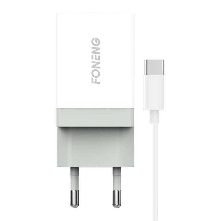 Foneng K210 töltő, 1xUSB, 2.1A, fehér, USB-C kábellel