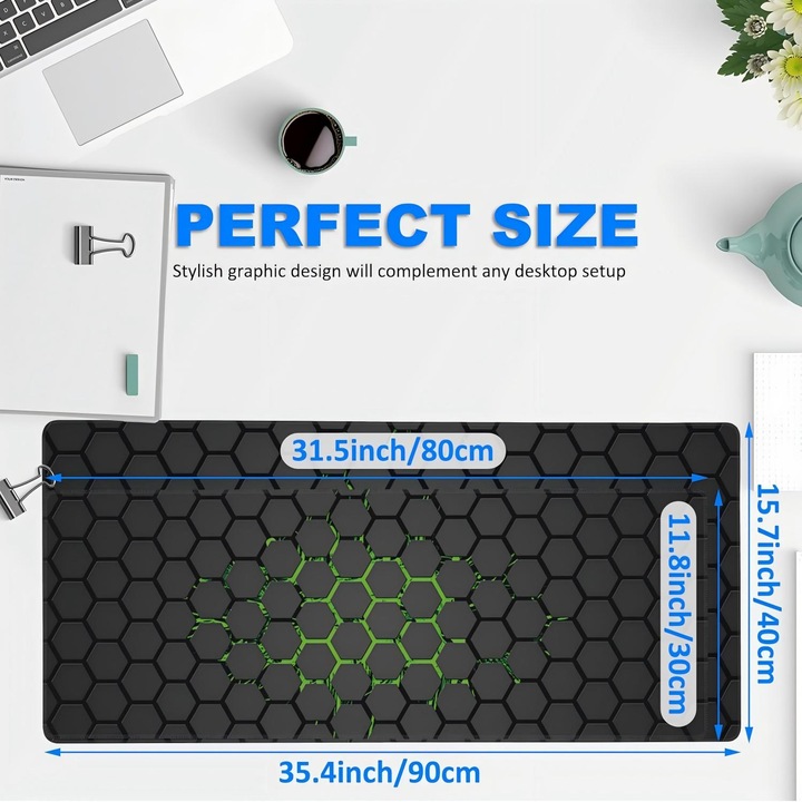 Mousepad gaming, Omelivon, 90x40cm, anti-alunecare, impermeabil, negru-verde