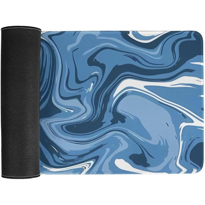 Mousepad gaming, Omelivon, 90x40cm, design fluid, antiderapant, albastru inchis/alb
