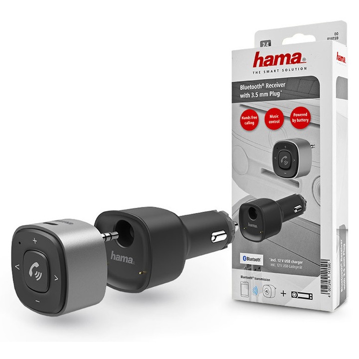 Receptor audio Bluetooth pentru mașini, HAMA cu mufă de 3,5 mm, încărcare USB - Receptor Bluetooth HAMA cu mufă de 3,5 mm - negru/argintiu