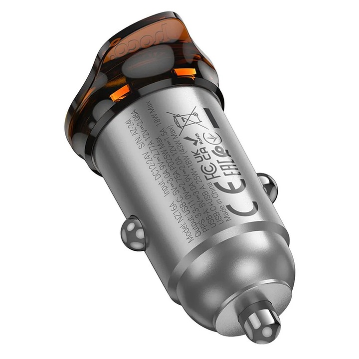 Hoco NZ16A autós töltő 1xUSB-A és 1xUSB-C csatlakozással + Type-C - Type-C kábellel 43W QC3.0 - fémszürke