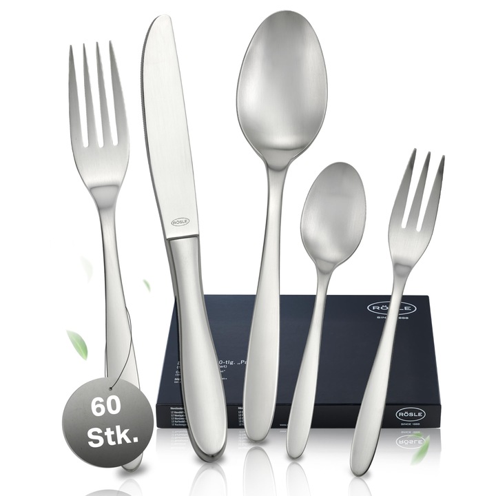 Set Tacamuri RÖSLE Culture pentru 12 Persoane, 60 Piese, Oțel Inoxidabil 18/10, Lustruit Mat, Lavabil în Mașina de Spălat Vase